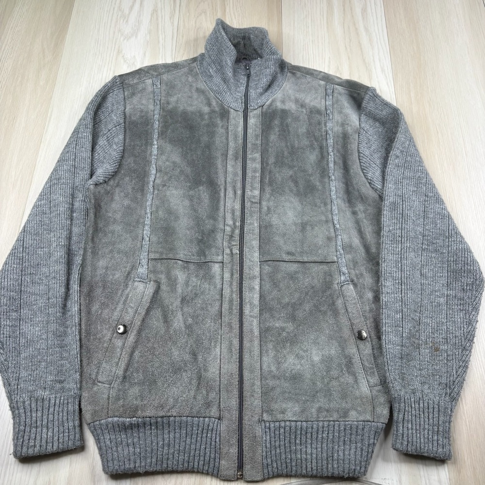 Vintage Jordan Marsh Mens Gray Leather Knit Hybrid Full Zip Sweater Size XL
